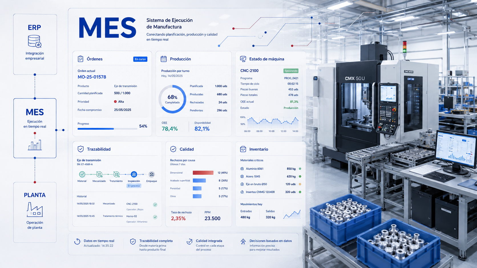 Sistema MES conectado con ERP y planta industrial para gestionar producción, trazabilidad, calidad e inventario en tiempo real.