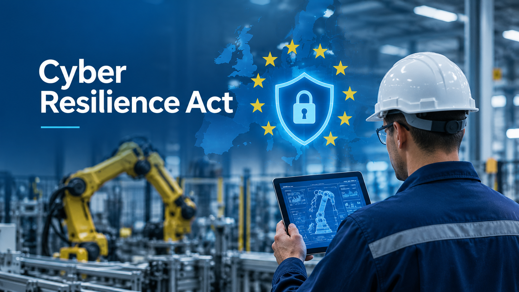 Cyber Resilience Act en industria con fábrica conectada y elementos de ciberseguridad