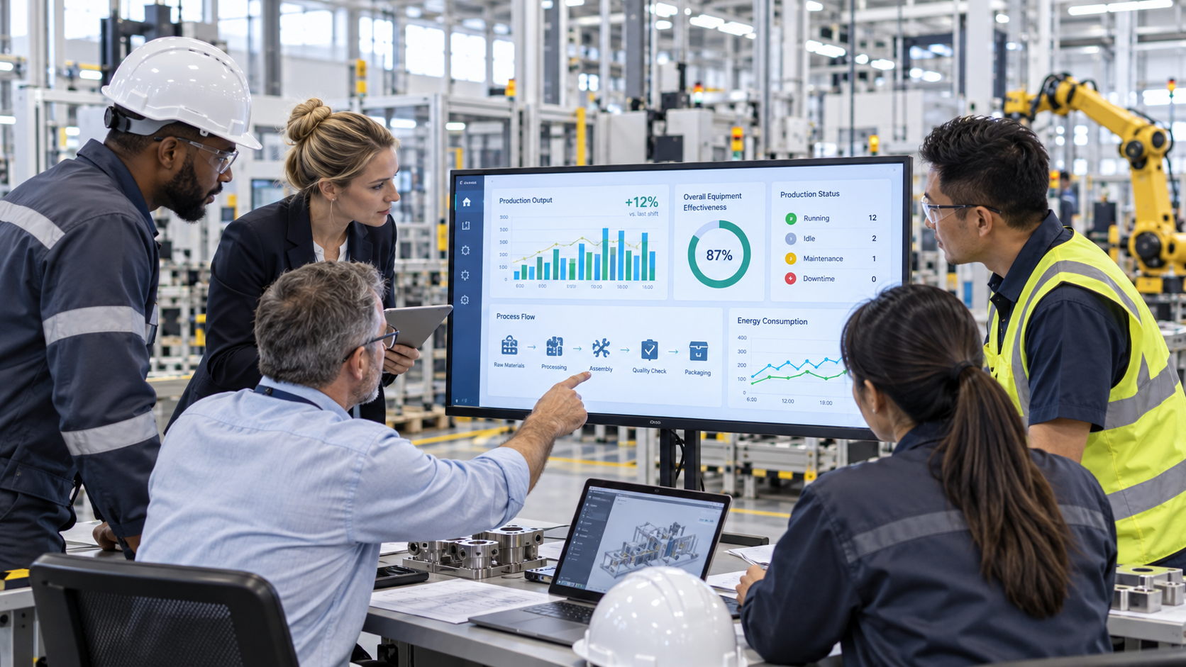 Equipo industrial analizando datos de producción en un ERP industrial dentro de una fábrica