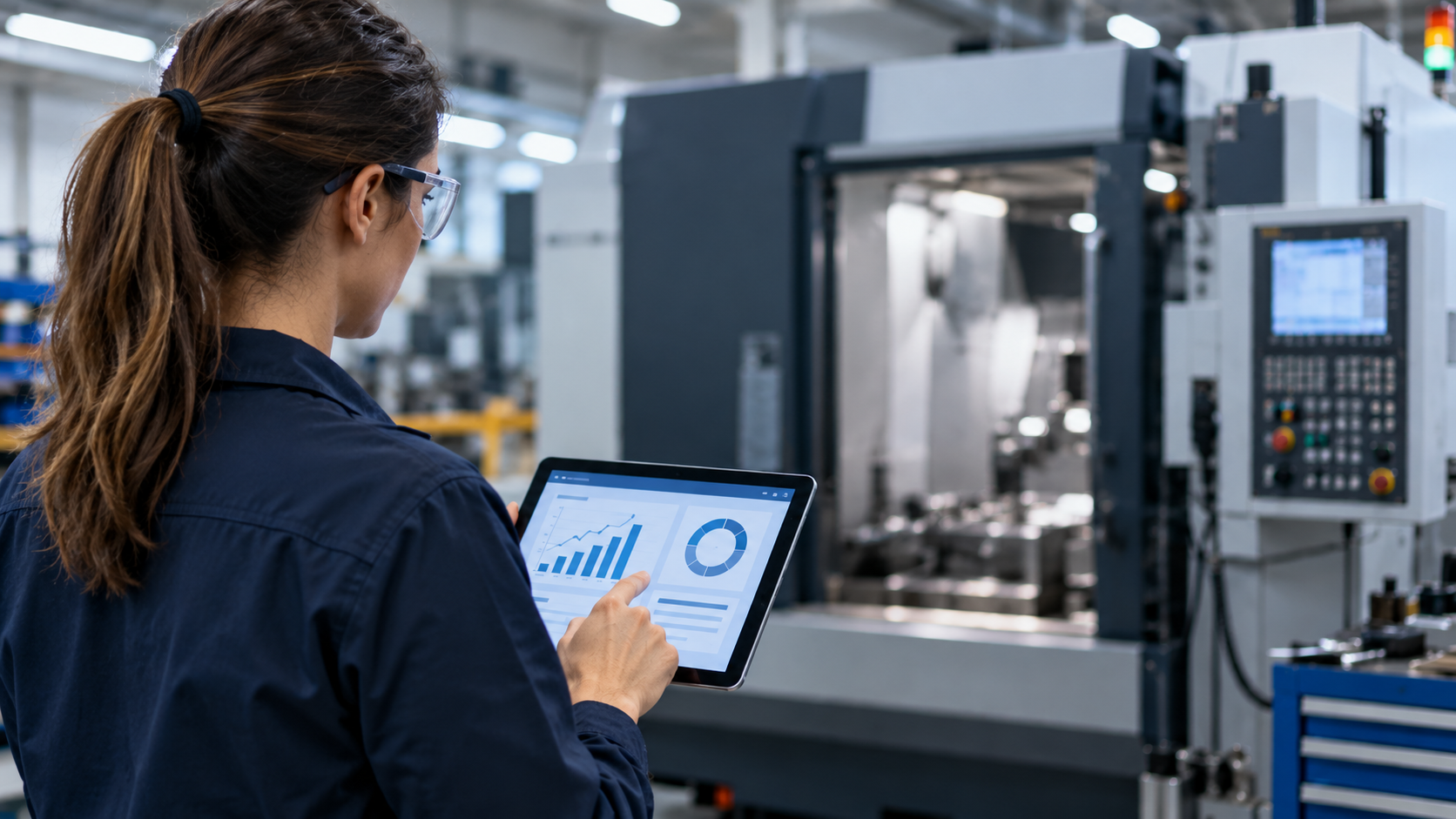 Ingeniera analizando KPIs industriales en una máquina CNC