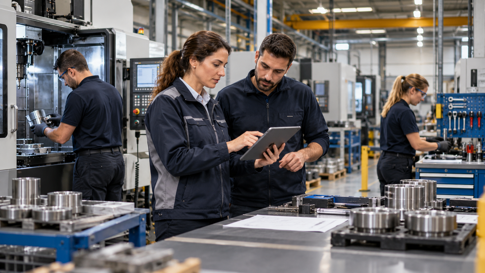 Equipo industrial analizando tiempos improductivos en una fábrica